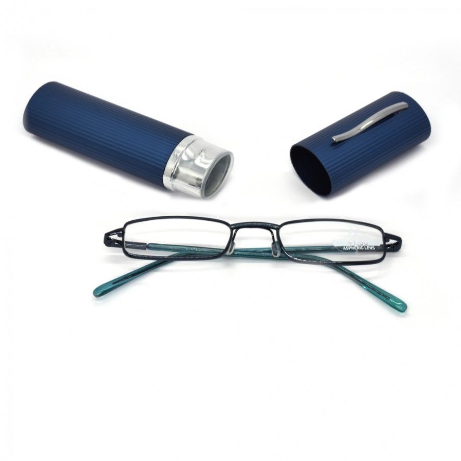 Čítacie modré okuliare +1.00 až +3.50 dioptrie vreckové transportné s kovovým puzdrom