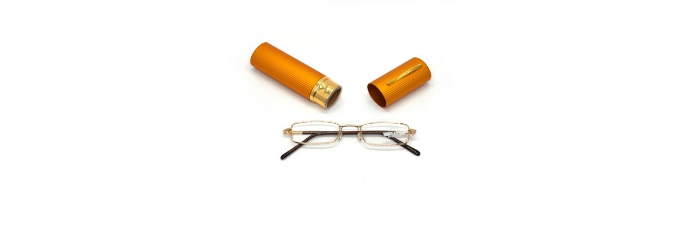 Čítacie zlaté okuliare +1.00 až +3.50 dioptrie vreckové transportné s kovovým puzdrom - 1